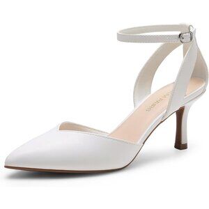 Dream Pairs Women White-pu Closed Pointed Toe Kitten Heels Ankle Strap Pumps